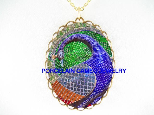 RARE MOSAIC PEACOCK BIRD PORCELAIN CAMEO NECKLACE