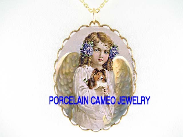 ANGEL HOLDING SHELTIE SHEEPDOG PORCELAIN CAMEO NECKLACE