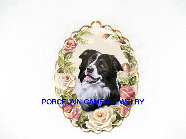 SMILE BORDER COLLIE DOG ROSE CAMEO PENDANT PIN BROOCH