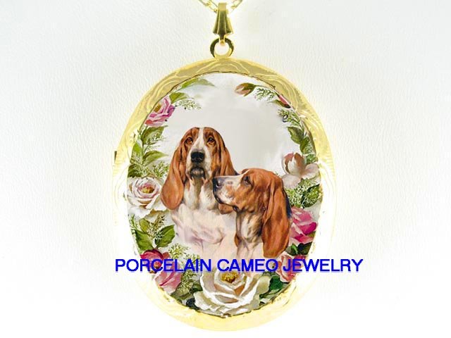 2 BASSET HOUND DOG ROSE CAMEO PORCELAIN LOCKET NECKLACE