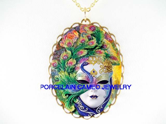 DECO NOUVEAU PEACOCK MASK PRINCESS PORCELAIN NECKLACE