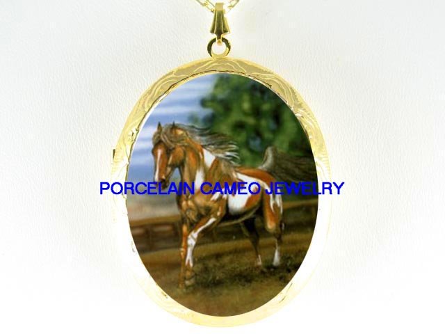PINTO PAINT HORSE RUNNING CAMEO PORCELAIN LOCKET NECKLACE