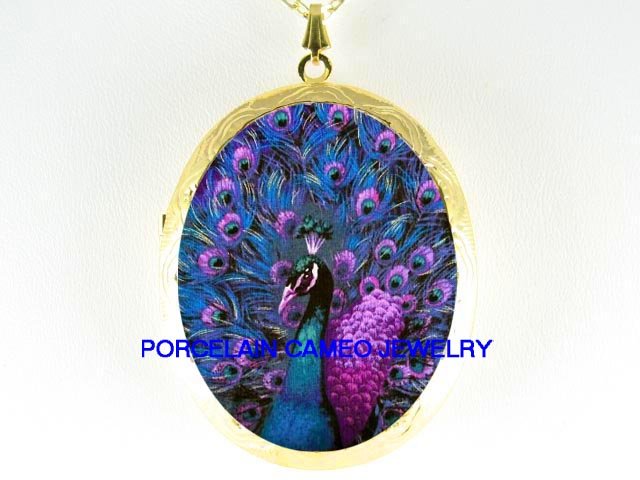 PURPLE PEACOCK BIRD * CAMEO PORCELAIN LOCKET NECKLACE