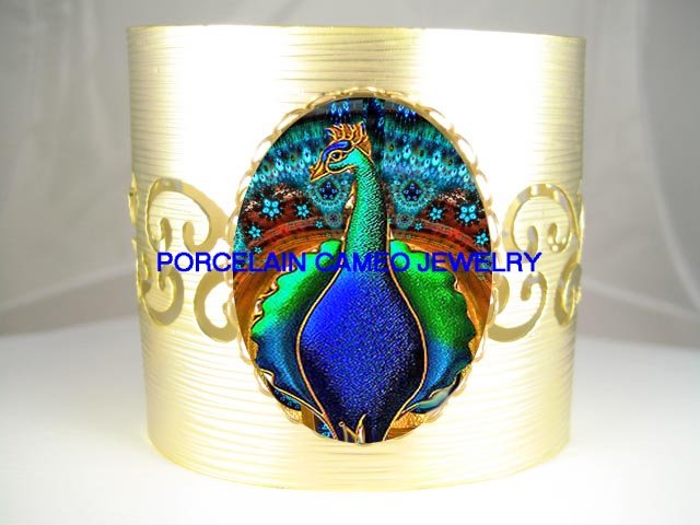 ART DECO NOUVEAU PEACOCK CAMEO PORCELAIN BANGLE BRACELET