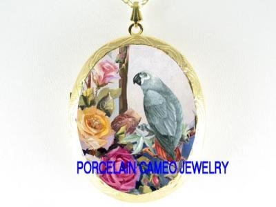 AFRICAN GRAY PARROT ROSE CAMEO PORCELAIN LOCKET NECKLACE