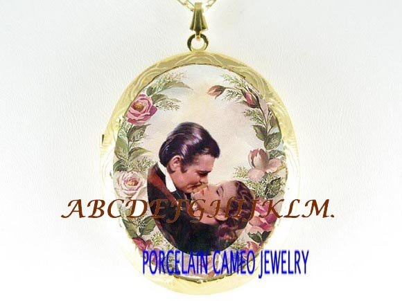 GONE WITH THE WIND PINK ROSE PORCELAIN CAMEO LOCKET NECKLACE