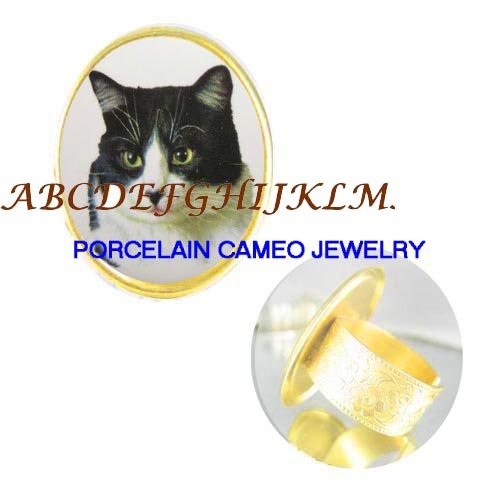 SWEET BLACK WHITE CAT PORCELAIN CAMEO ADJ RING 5-9