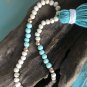 Wood bead tassel necklace teal and white