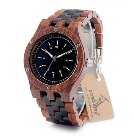 Men Wooden Quartz Watch Round Dial Unique Combination Ebony And Red Sandalwood