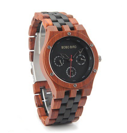 Men Wristwatch Chronograph Round Dial Unique Combination Ebony And Red Sandalwood