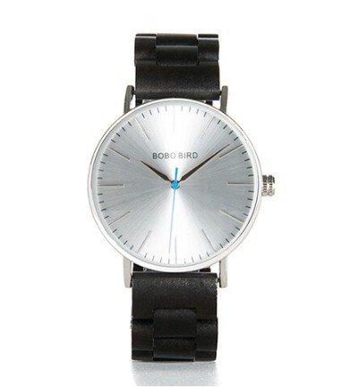 Black Men Watch Thin Steel Silver Case Dress Watch with Wood Band
