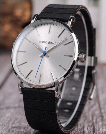 Black Ultra Thin Men Silver Classic Dial Quartz Wristwatch with Special Wood Band