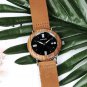 Black Crystal Men Watches Wooden Bezel Steel Watch with Brown Leather Strap