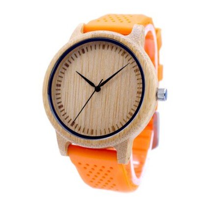 Men Design Bamboo Wood Quartz Watch Japanese Movement With Silicone Strap Orange