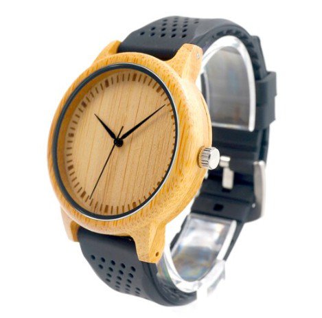 Men Design Bamboo Wood Quartz Watch Japanese Movement With Silicone Strap Black