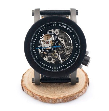 Bamboo Wooden Automatic Mechanical Watch Casual Mens Wristwatch With Leather Strap