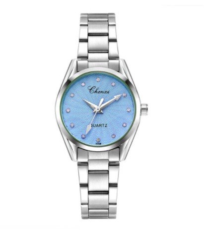Ladies Wristwatch Round Light Blue Rhinestone Stainless Steel Watch Women Dress Watches