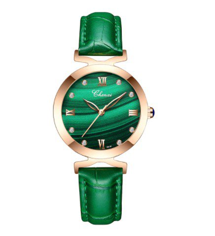 Women Elegant Quartz Watch Round Malachite Green Casual Leather Ladies Wristwatch