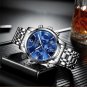 Mens Watches Chronograph Stainless Steel Silver Blue Quartz Watch Men Date Calendar