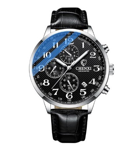 Mens Watches Luxury Chronograph Black Silver Waterproof Analog Quartz Watch Stainless Steel