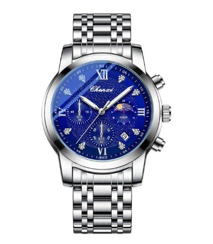 Men Calendar Quartz Watch Silver Blue Fashion Waterproof Stainless Steel Man Business