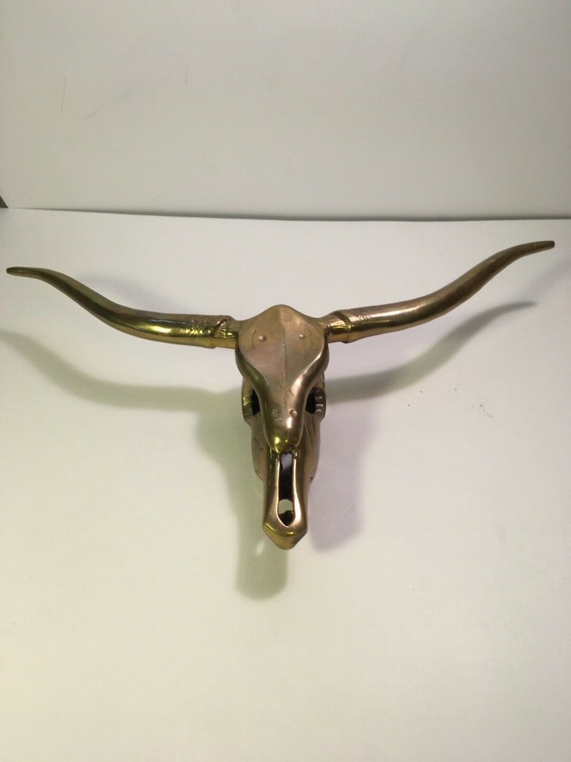 Vintage Brass Longhorn Steer Head Skull Mount Horns Wall Sculpture