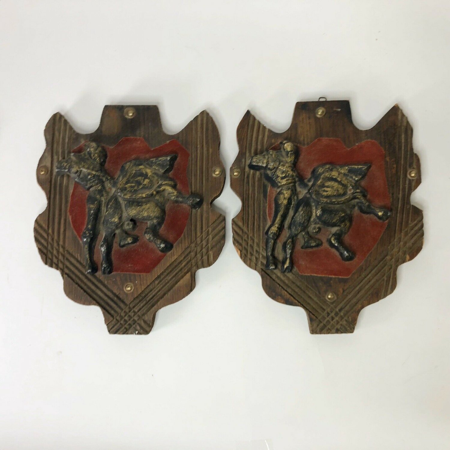 Mid-Century Spanish bronze bullfighters mounted on wooden plaques 13&acirc;�� x 10&acirc;��