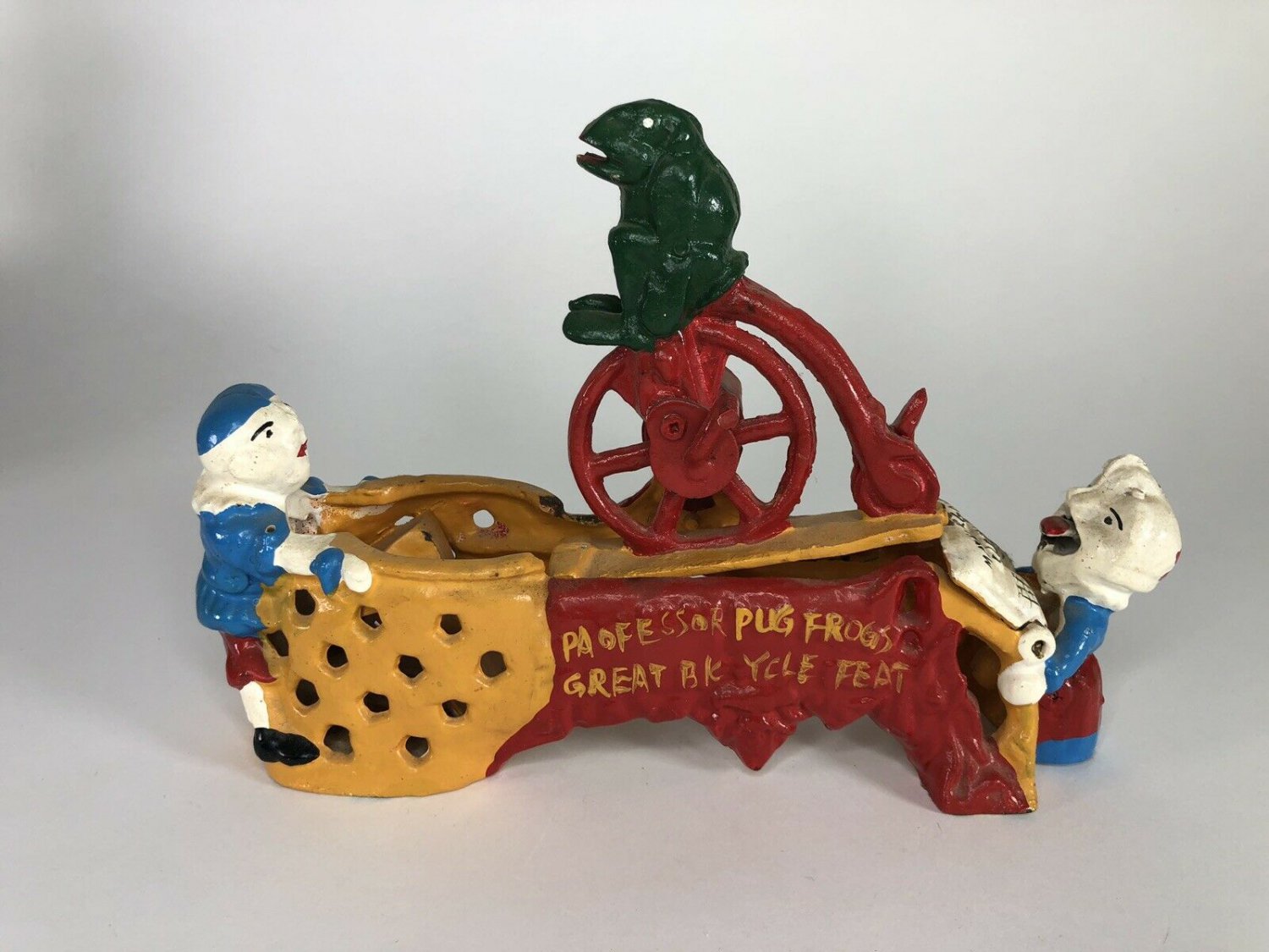 Vintage Cast Iron Professor Pug Frogs Great Bicycle Feat Mechanical Bank