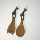Hand Carved African Wooden  Giraffe Salad Spoon And Fork Set