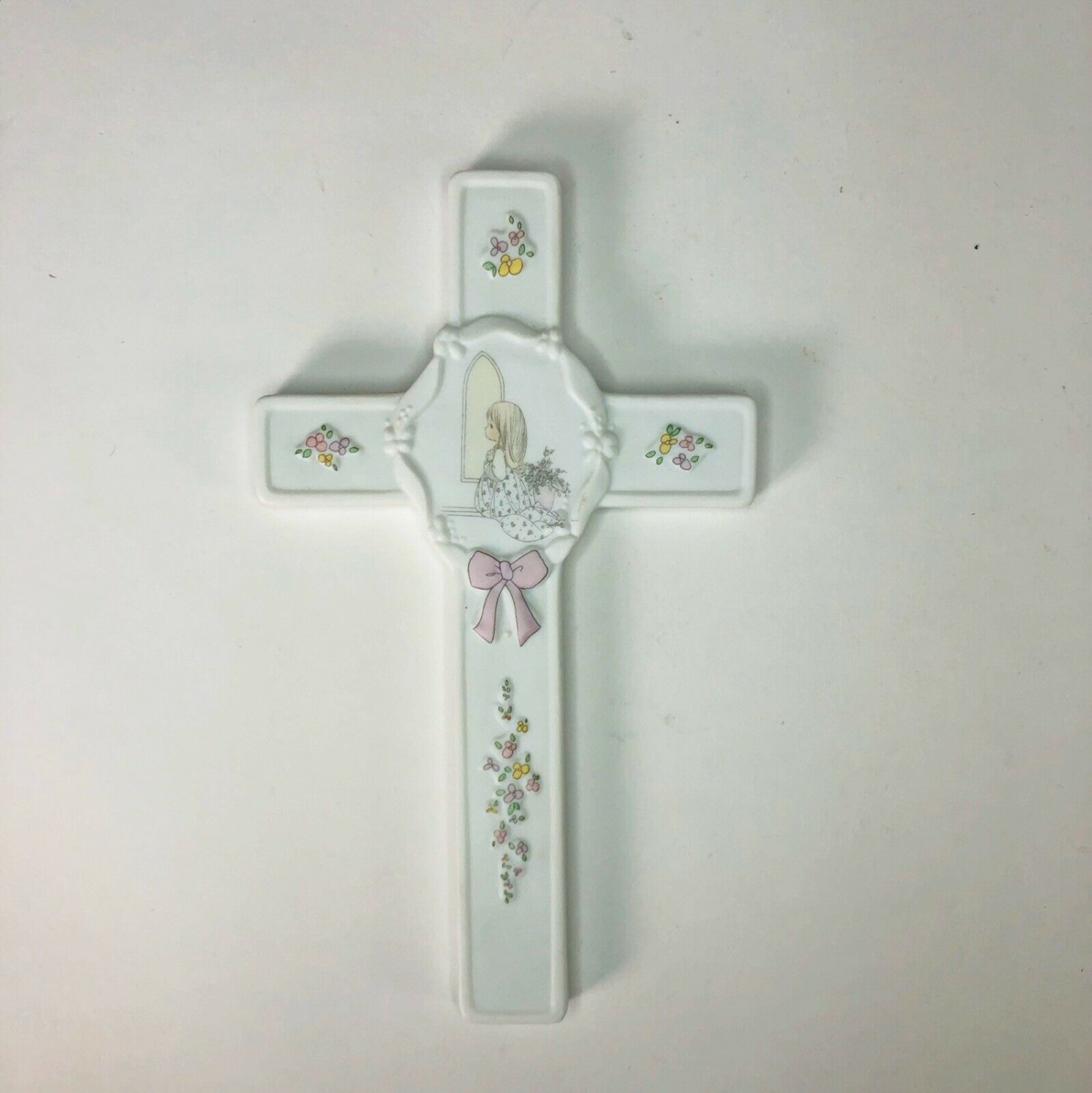 Precious Moments Porcelain Bisque Wall Plaque Cross "O Worship The Lord" 1989