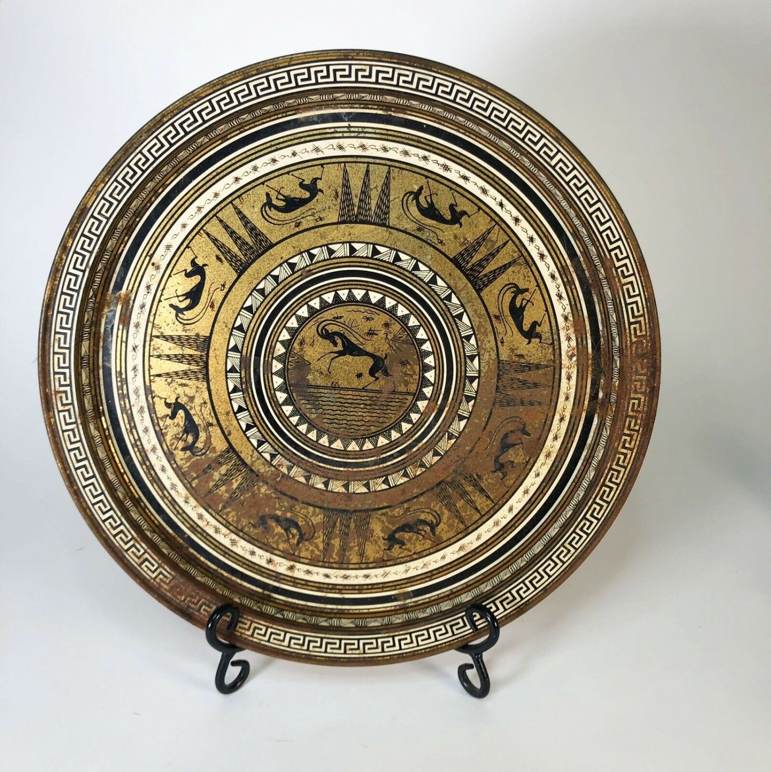 Vtg 60's GRECIAN ETRUSCAN KEY Gazelle Copper ROUND TIN METAL Serving TRAY 13.5"