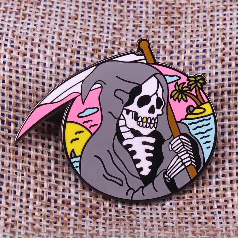 Grim reaper pin surfing ghost brooch summer beach pastel badges death surf ocean Halloween gift