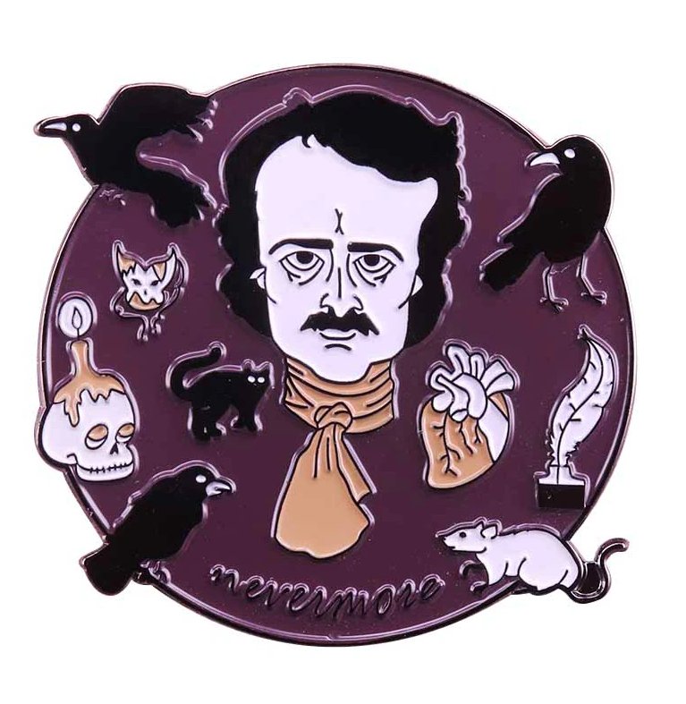 Edgar Allan Poe enamel pin Nevermore The Raven Brooch Gothic Creepy Odd Halloween Horror Jewelry