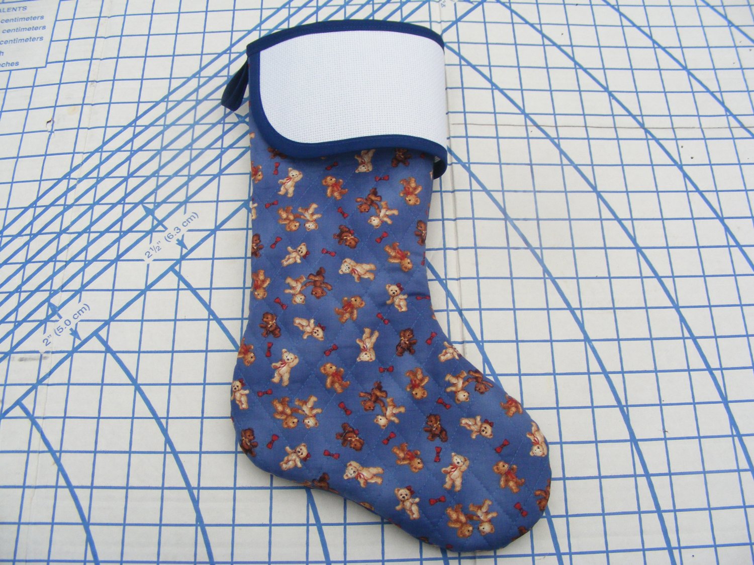 Aida Cuff Stocking Cross Stitch Blue with Bears Prefinished Quilted