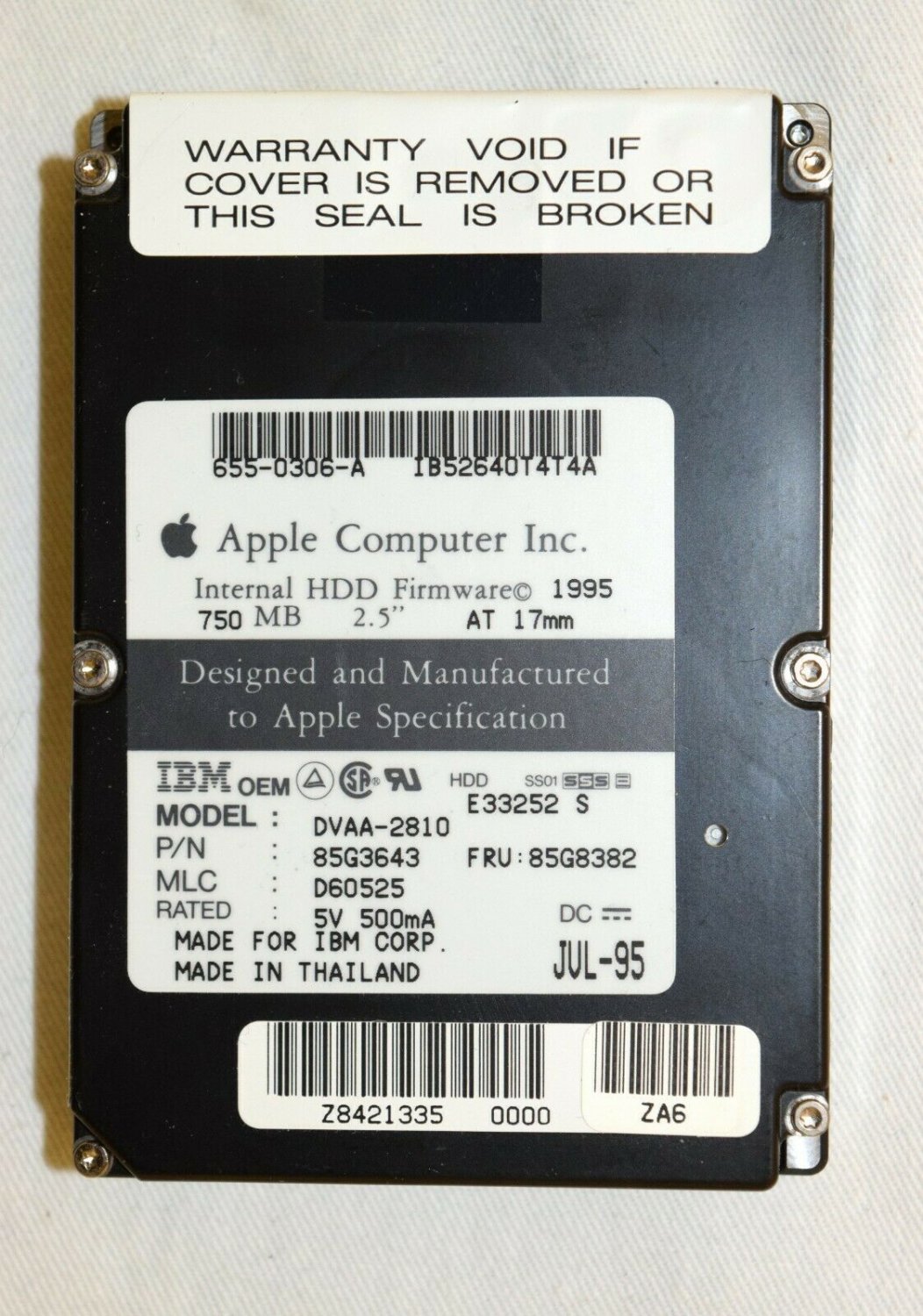 Apple IBM 2.5" Internal HDD 750MB 17mm Model DVAA-2810, PN 85G3643, FRU 85G8382