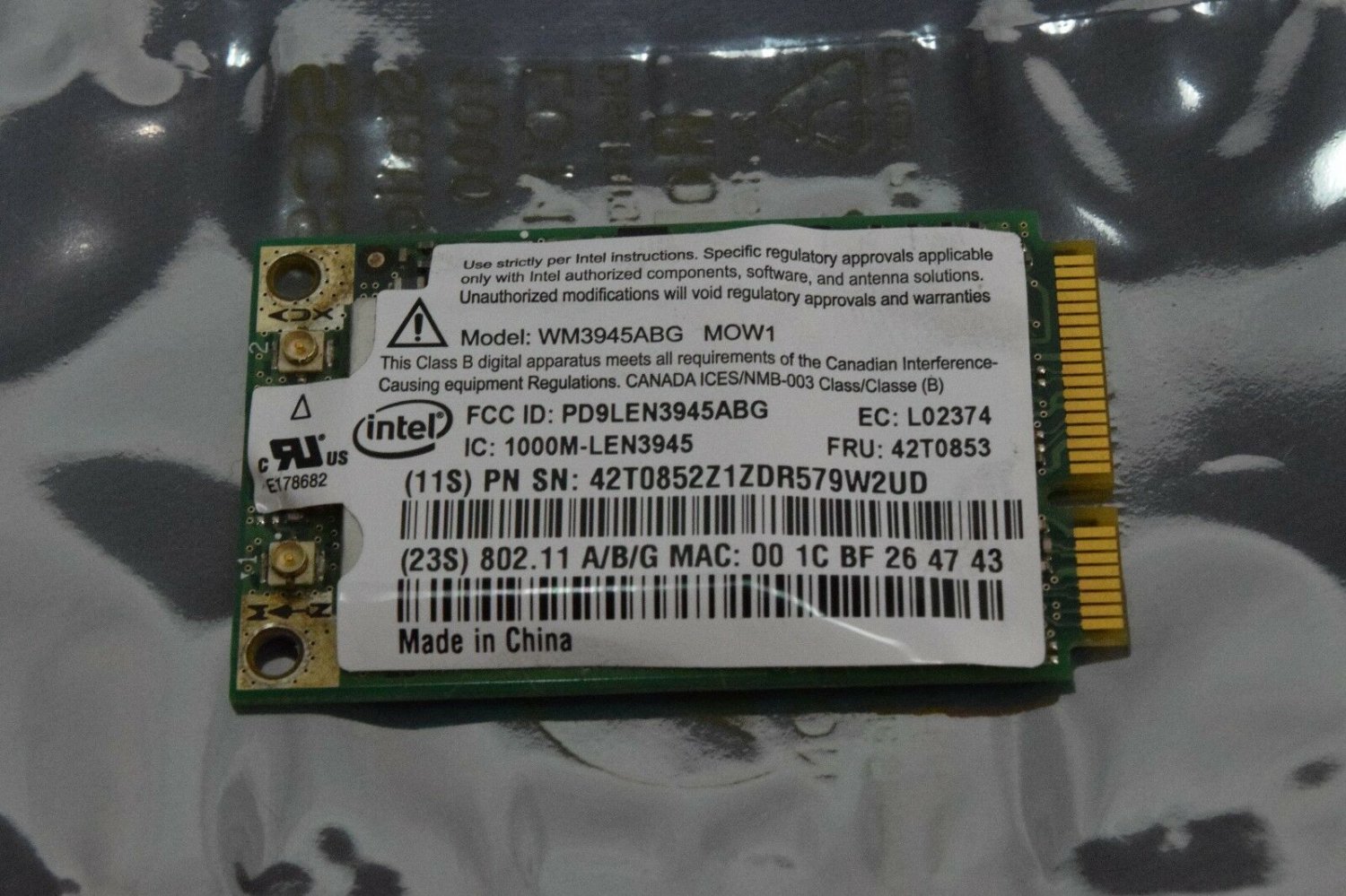 Intel Wireless Wifi Card Mini PCIe Card (WM3945ABG MOW1)