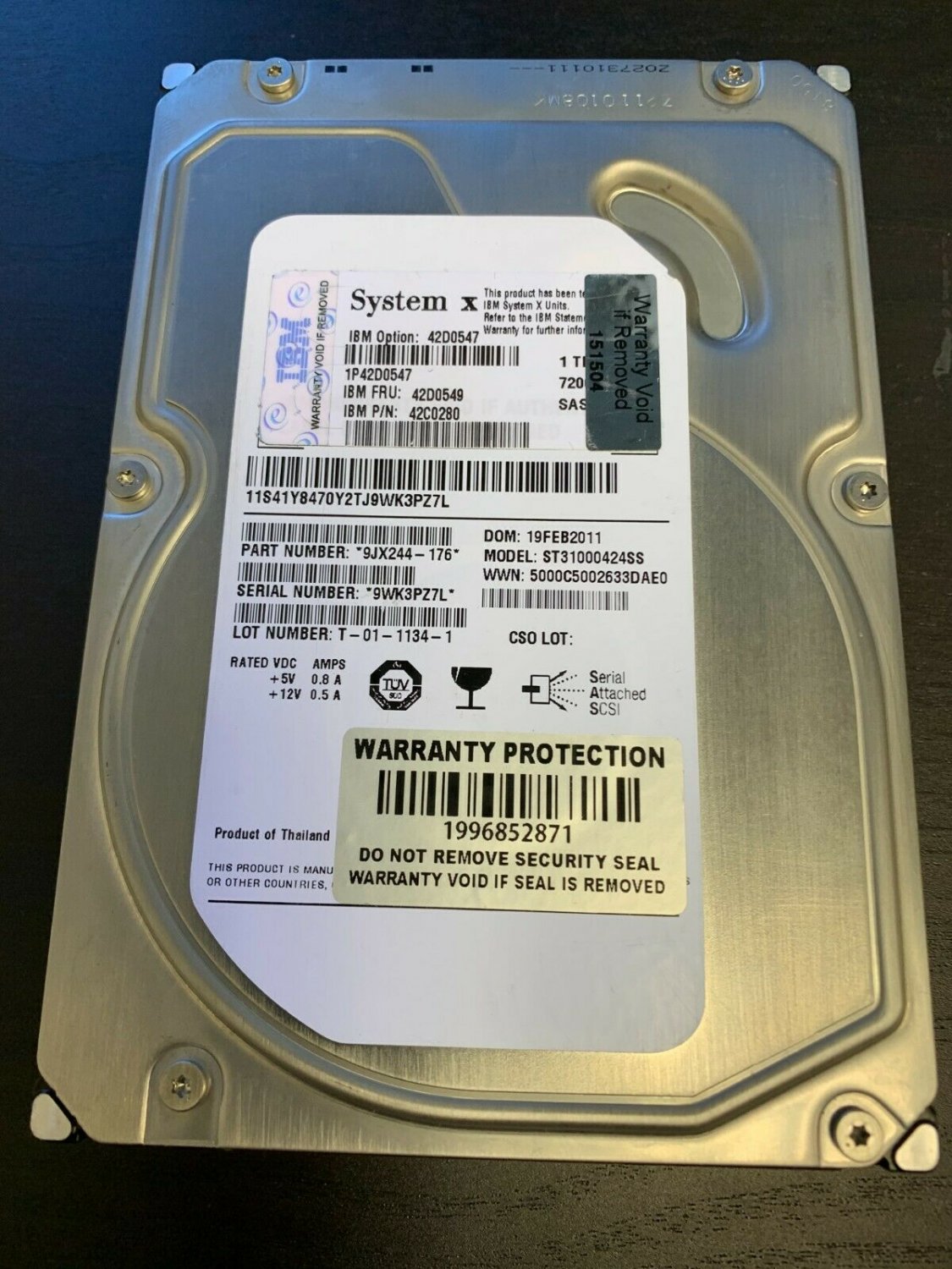 IBM 1 TERABYTE 7200RPM SAS SYSTEM X HARD DRIVE FRU # 42D0549 / 42D0547 / 42C0280