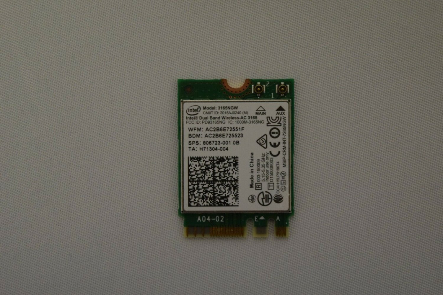 HP Pavilion 15-BK020WM 3165NGW Dual Band Wireless-AC 3165, PD93165NG
