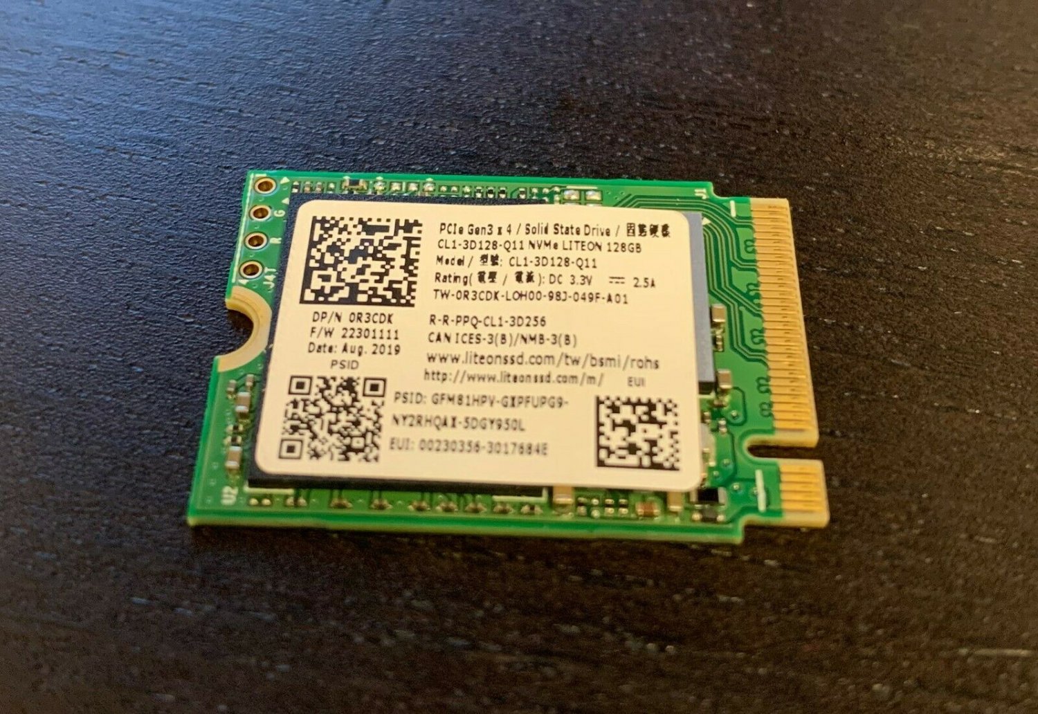 NEW Lite-On 30mm 128gb M.2 SSD NVMe 2230 SSD, CL1-3D128-Q11, DP/N 0R3CDK