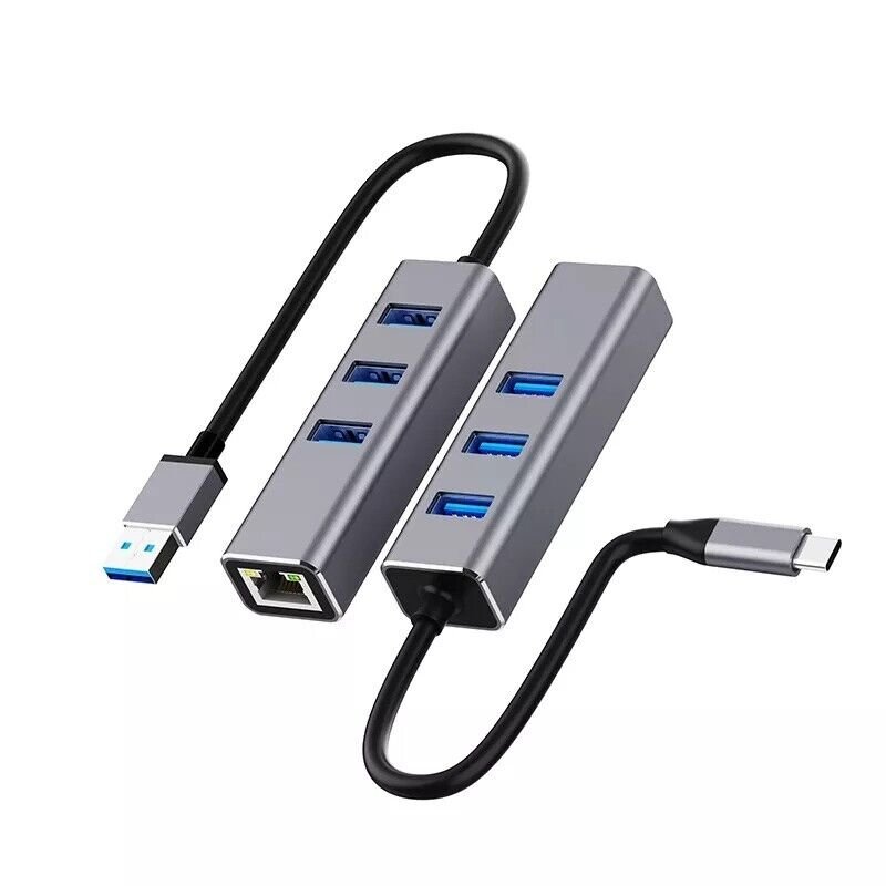 NEW Combo Gigabit Ethernet USB Type-A 3 Port Hub Adapter 5Gbps, MacBook, Windows