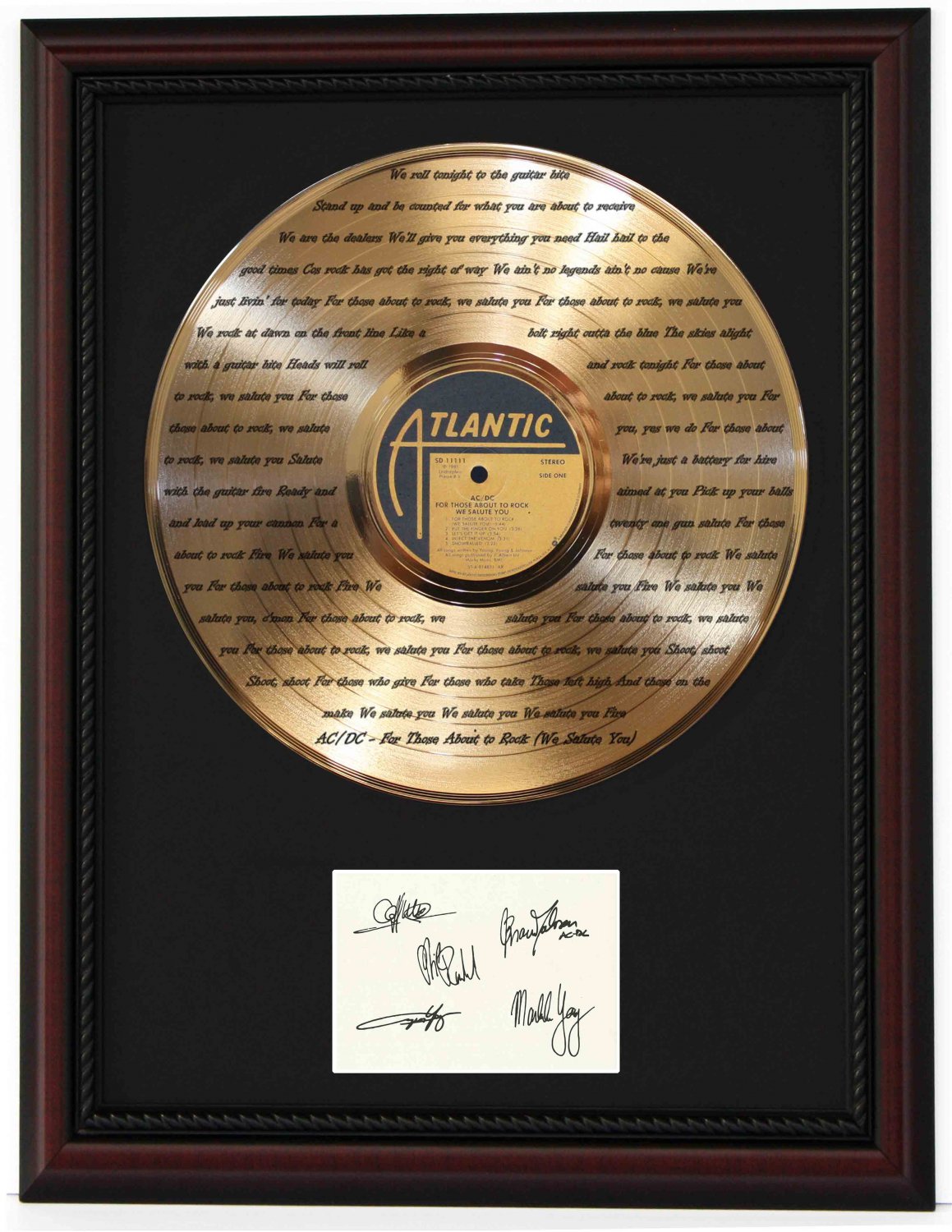 ACDC " For Those About to Rock" Cherry Wood Gold LP Record Framed Etched Signature Display
