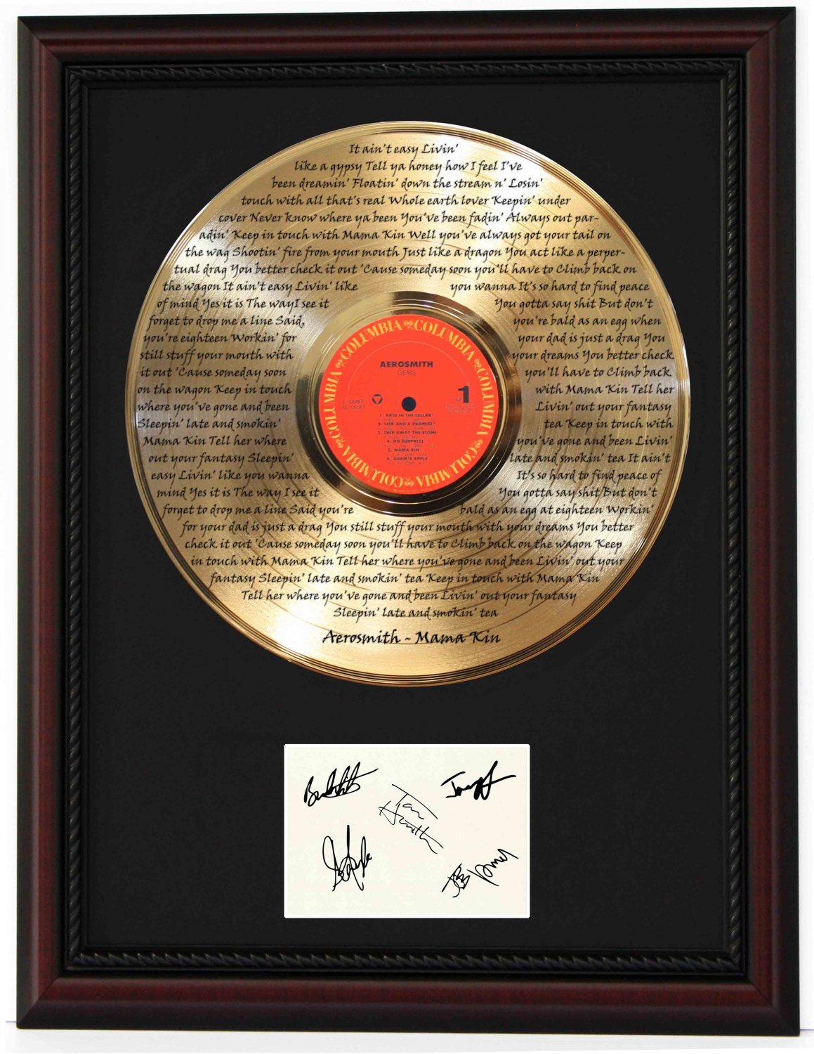 AEROSMITH "Mama Kin" Cherry Wood Gold LP Record Framed Etched Signature Display