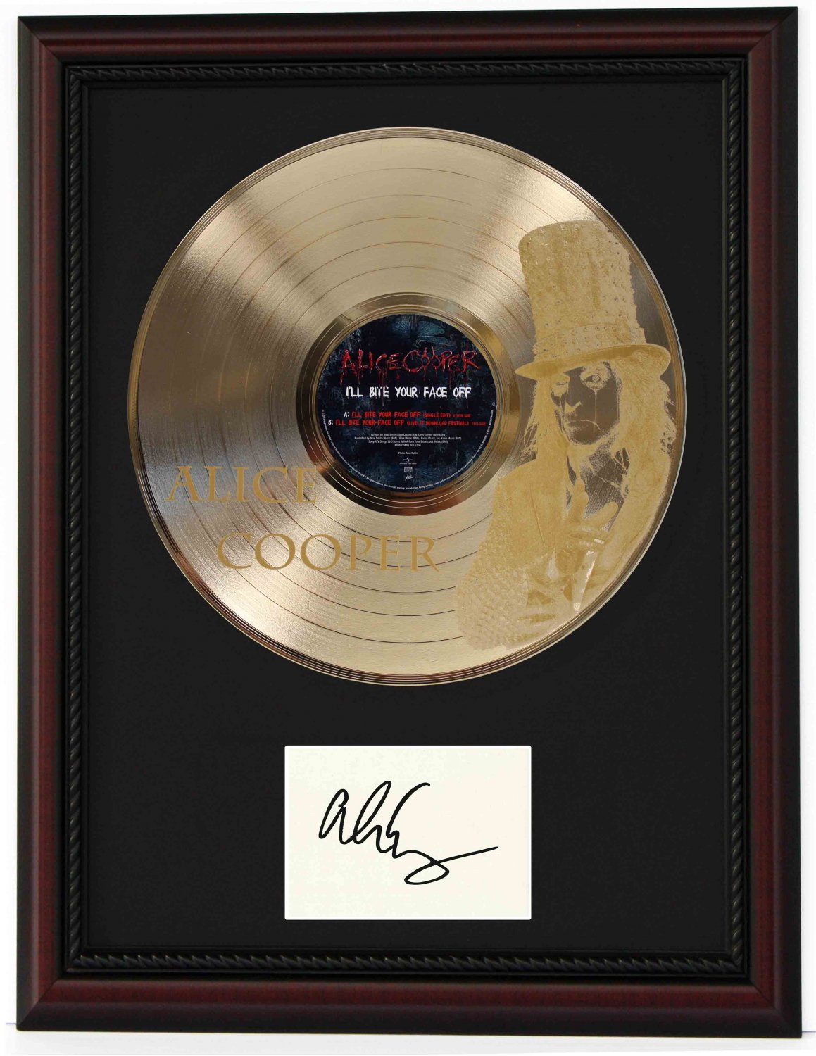 ALICE COOPER "Iâ��ll Bite Your Face Off" Cherry Wood Gold LP Record Framed Etched Signature Display