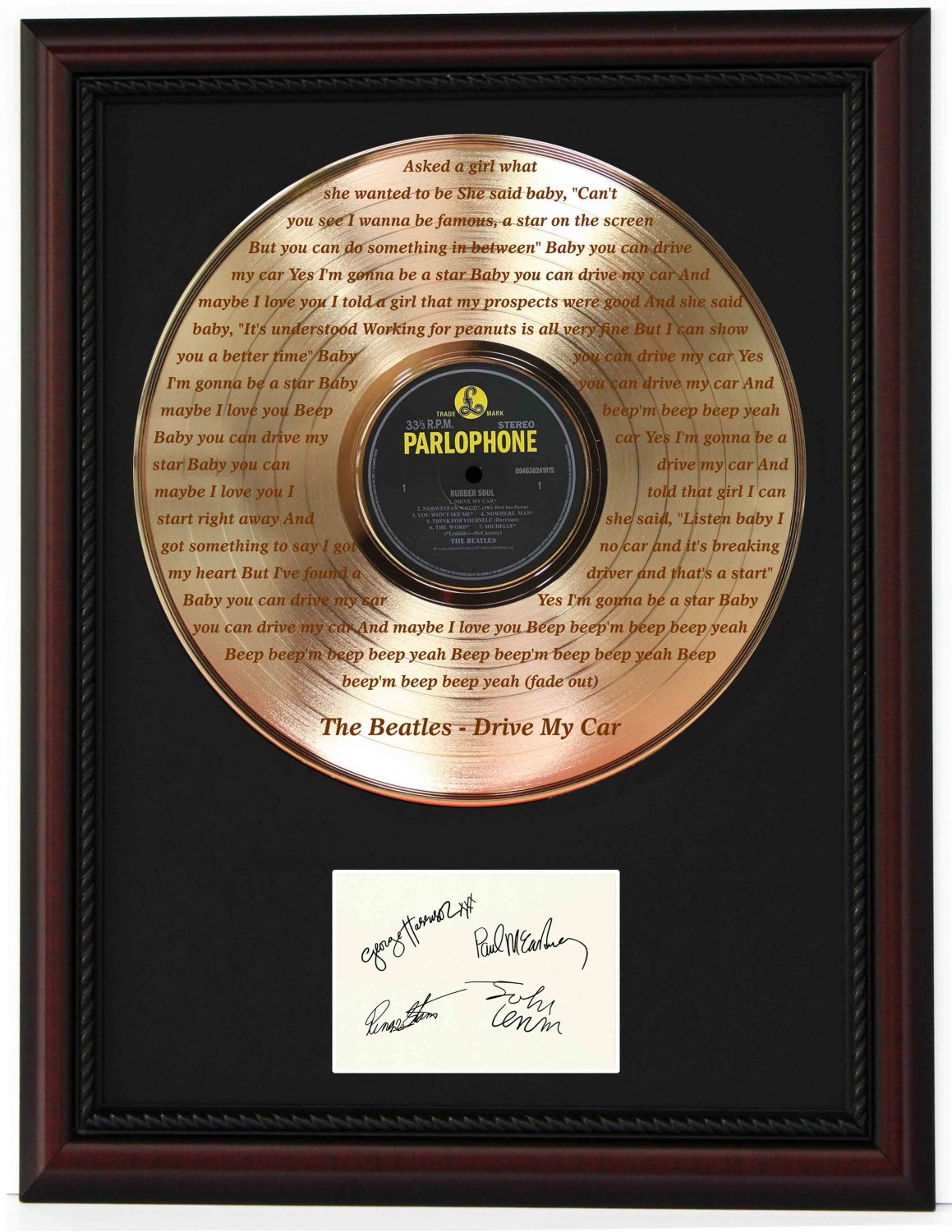 BEATLES "Drive My Car" Cherry Wood Gold LP Record Framed Etched Signature Display