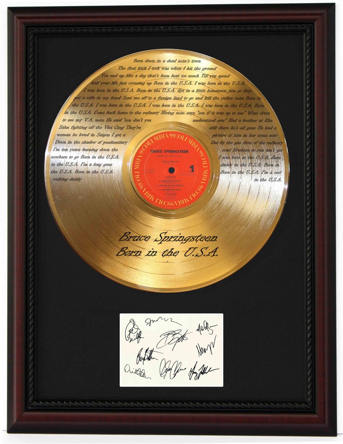 BRUCE SPRINGSTEEN "Born in the U.S.A." Cherry Wood Gold LP Record Framed Etched Signature Display