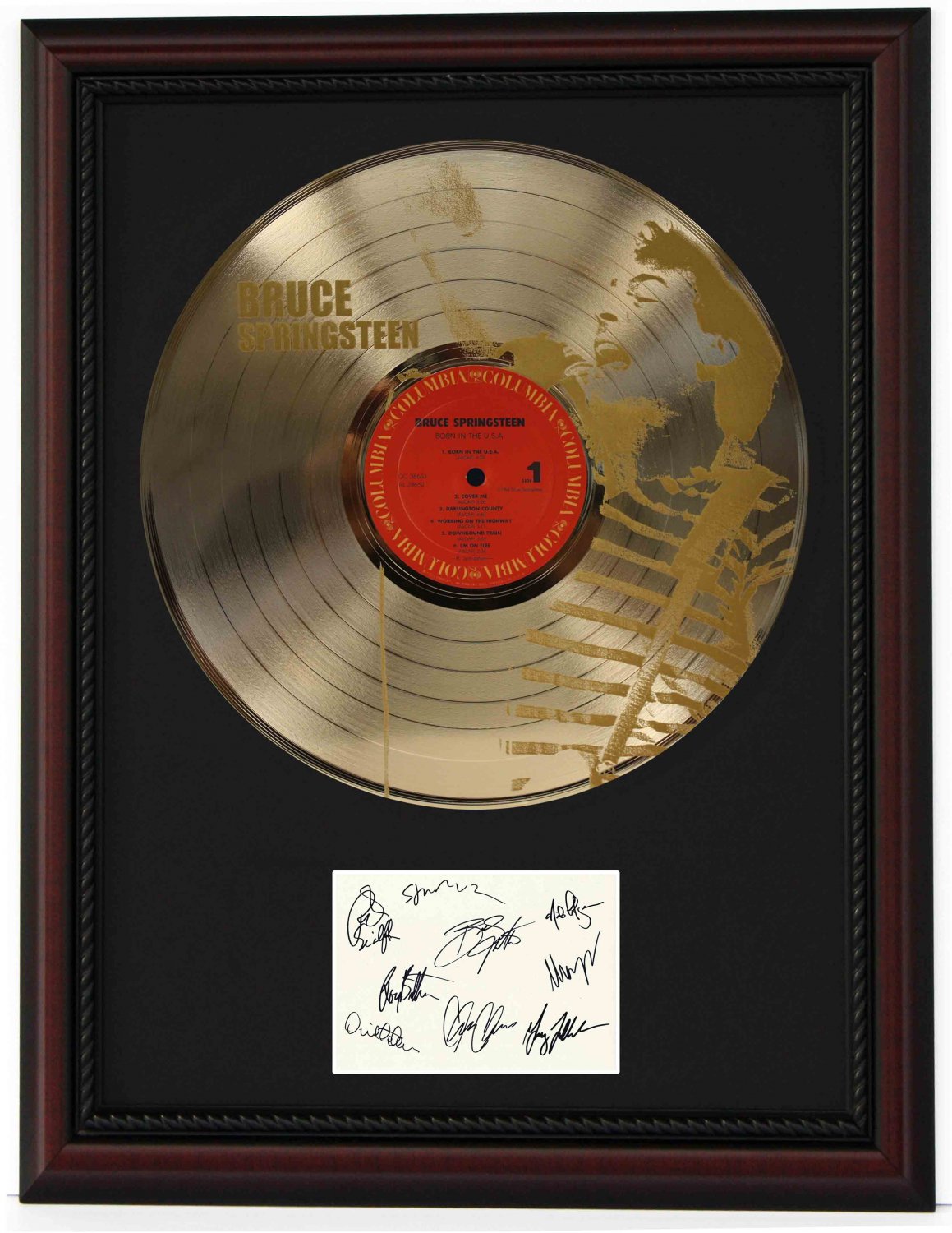 BRUCE SPRINGSTEEN "Born in the U.S.A." 3 Cherry Wood Gold LP Record Framed Etched Signature Display