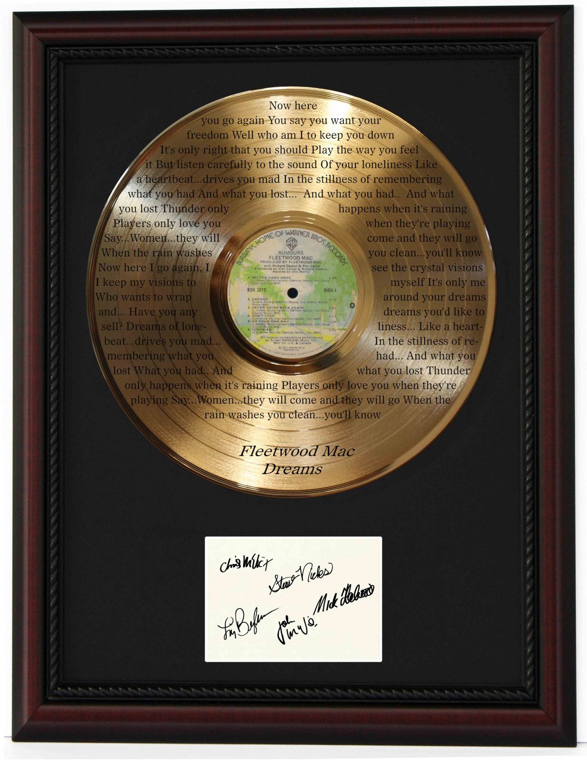 FLEETWOOD MAC "Dreams"  Cherry Wood Gold LP Record Framed Etched Signature Display