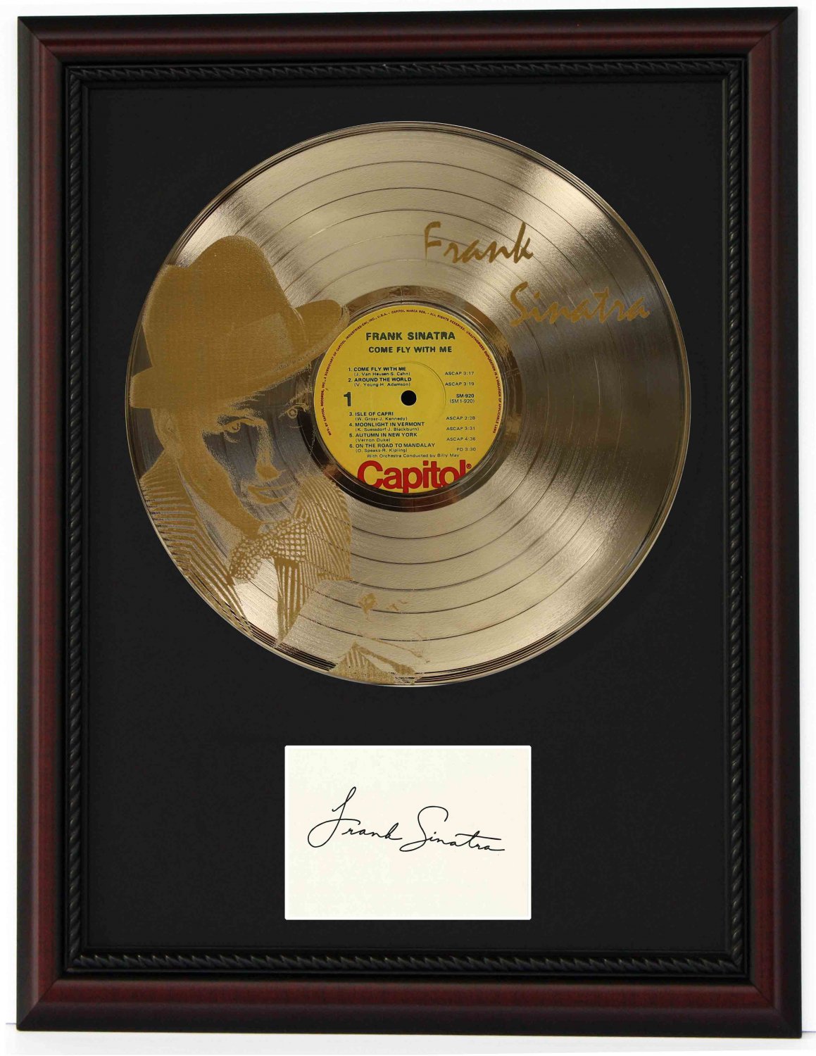 FRANK SINATRA "Come Fly with Me" 2 Cherry Wood Gold LP Record Framed Etched Signature Display