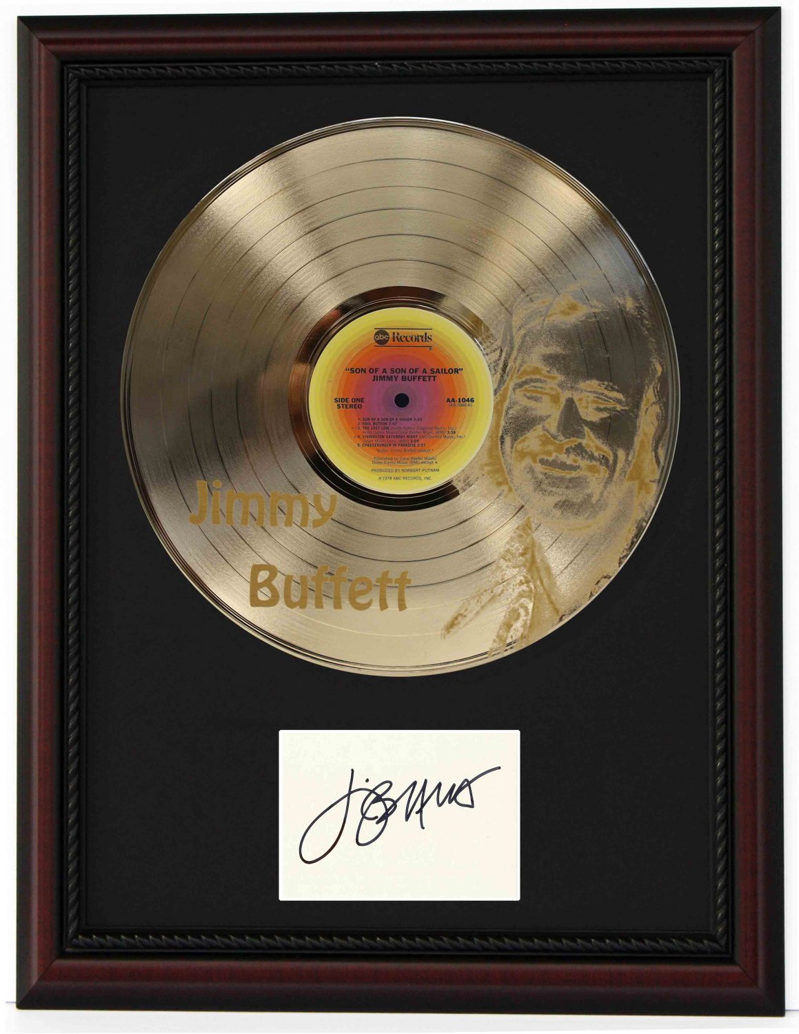 JIMMY BUFFET "Son of a Son of a Sailor"  Cherry Wood Gold LP Record Framed Etched Signature Display