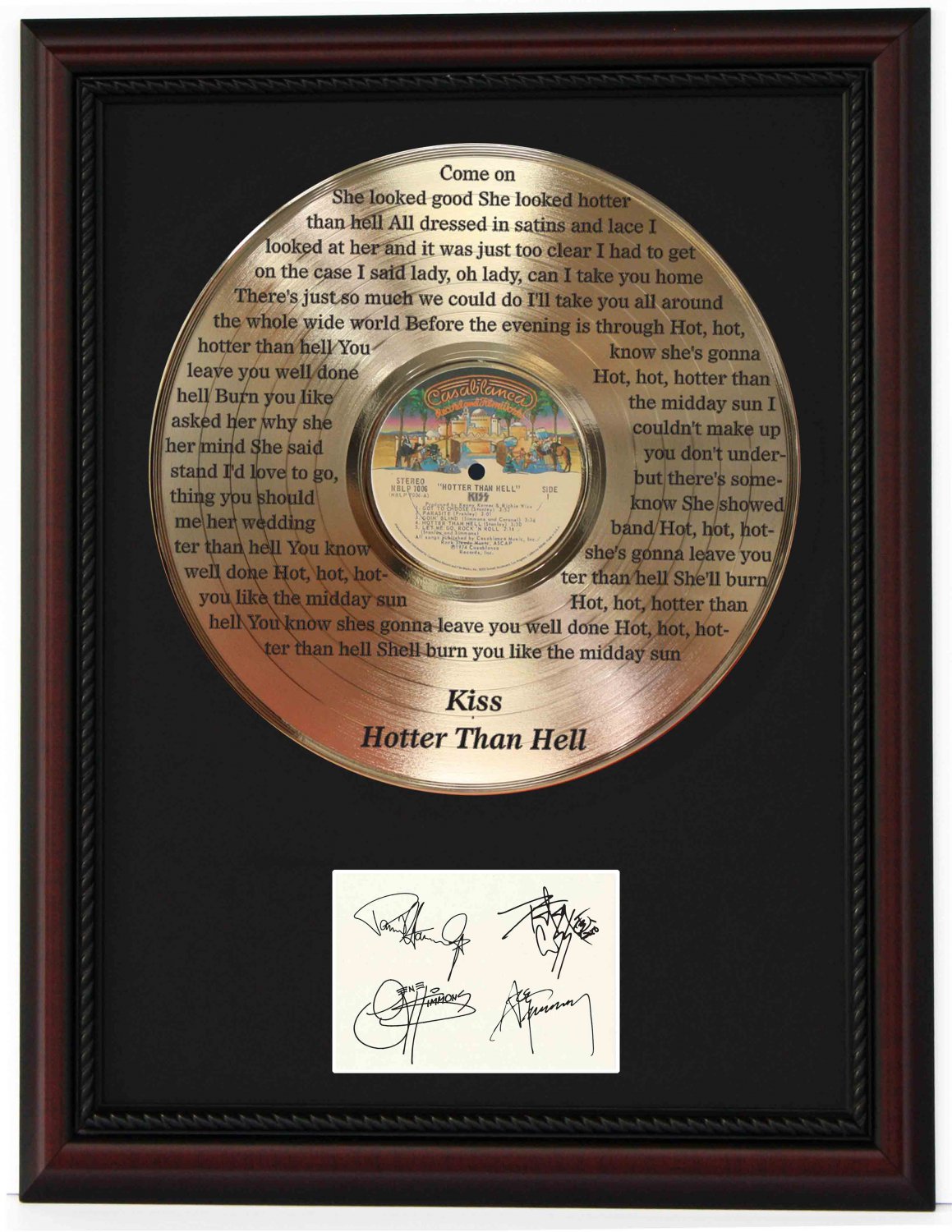 KISS "Hotter than Hell" Cherry Wood Gold LP Record Framed Etched Signature Display